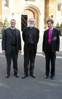 The new Primate elect of the Episcopal Church (USA), the Rt Revd Katharine Jefferts Schori, right, at Lambeth Palace on Friday, with Archbishop of Canterbury, the Most Revd Rowan Williams, centre, and the Most Revd Frank T Griswold, Presiding Bishop and Primate of the Episcopal Church, left.