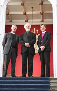 The new Primate elect of the Episcopal Church (USA), the Rt Revd Katharine Jefferts Schori, right, at Lambeth Palace on Friday, with Archbishop of Canterbury, the Most Revd Rowan Williams, centre, and the Most Revd Frank T Griswold, Presiding Bishop and Primate of the Episcopal Church, left.