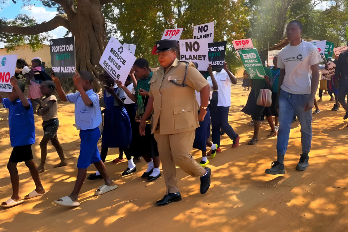 Young people through Climate YES and the Malawi Creation Care Network lead a peaceful march to advocate for a nationwide ban on thin plastics. 